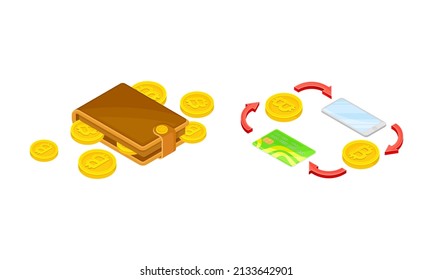 Transferencia de bitcoines, tecnología criptodivisa, concepto de intercambio de bitcoin ilustración vectorial