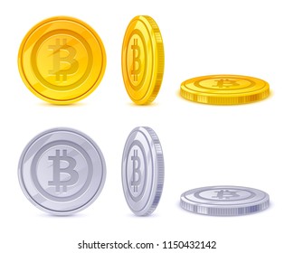 Bitcoins vector illustration. Golden and silver money cash. Wealth finance earning income concept. Criptocurrency symbol. Blockchain technology vector illustration