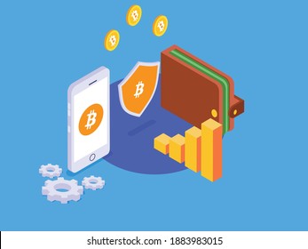 Bitcoins Wallet isometrisches 3D Vektorkonzept für Banner, Webseiten, Illustrationen, Landing Page, Flyer, etc.