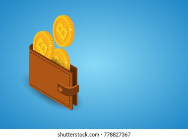 Bitcoins Wallet Over Blue Background Modern Web Digital Money Crypto Currency Concept Flat Vector Illustration