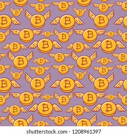 Bitcoins with wings, seamless vector pattern, flat line design style