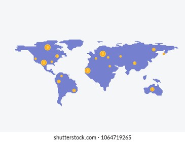 Bitcoins worldwide with map on the background. Bitcoin trading concept. in flat style