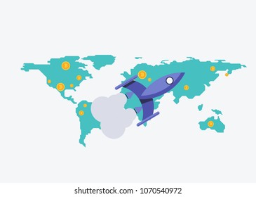 Bitcoins worldwide with map on the background rocket flying. Bitcoin trading concept. in flat style