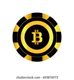 Bitcoin.Vector Illustration Bitcoin.Poker Chip. Casino. Poker Game. Chip Black And Gold. Poker Symbol.