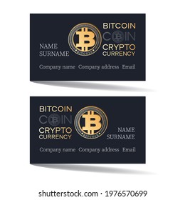 Bitcon payment card. Vector card template design with bitcoin on black background. Set. Concept 