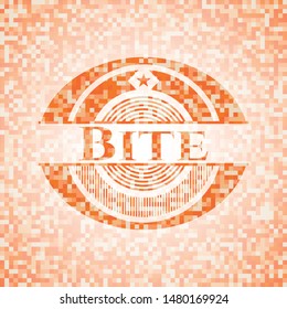 Bite abstract emblem, orange mosaic background
