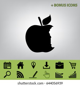 Bite apple sign. Vector. Black icon at gray background with bonus icons 
