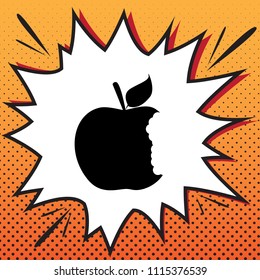 Bite apple sign. Vector. Comics style icon on pop-art background.