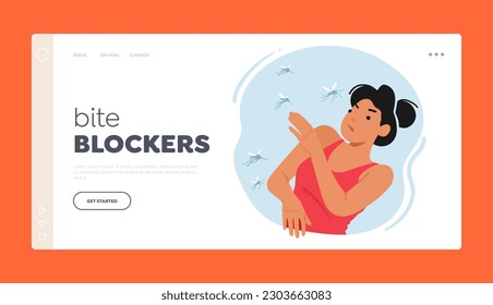 Bite Blockers Landing Page Template. Mosquito Bite Woman Experiences Itching, Swelling, And Redness On Her Skin. Female Character Clapping the Insects to Protect her Body. Cartoon Vector Illustration