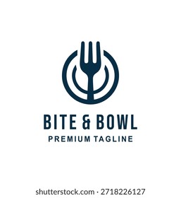 Logotipo del restaurante Bite and Bowl con el icono del tenedor y el plato.