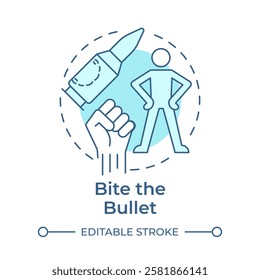 Bite the bullet soft blue concept icon. Task management, decision making. Will power. Round shape line illustration. Abstract idea. Graphic design. Easy to use in infographic, presentation