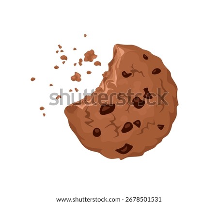 Bite chocolate biscuit and crumbs isolated on white background. Vector cartoon flat illustration of crunchy cookie. 