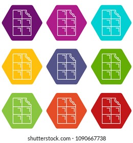 Bite chocolate icons 9 set coloful isolated on white for web