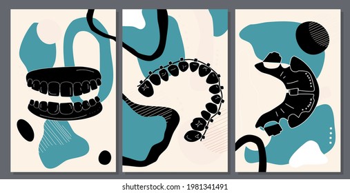 Bite correction poster.Dental equipment on abstract background.Mid century art.Hand drawn illustration with retainer, braces and aligner.Treatment of diseases of oral cavity.Vector