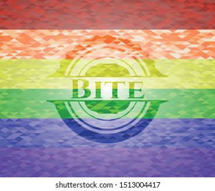 Bite emblem on mosaic background with the colors of the LGBT flag