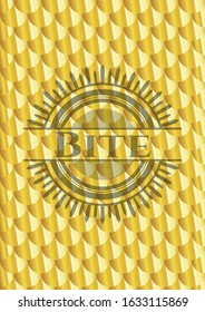 Bite gold emblem or badge. Scales pattern. Vector Illustration. Detailed.