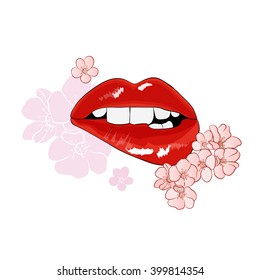 bite lip with flowers vector illustration
