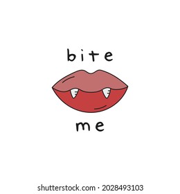 Bite mir Vampire Mund Vektor handgezeichnet Illustration. Rutschen Sie Lippen mit scharfen Zähnen, die auskleben und schreiben. Einzeln.