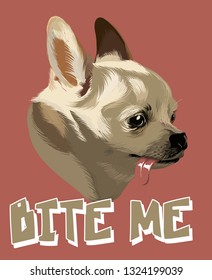 Bite me. Vector hand drawn illustration of dog with tongue isolated. Template for card, poster. banner, print for t-shirt, pin, badge, patch.