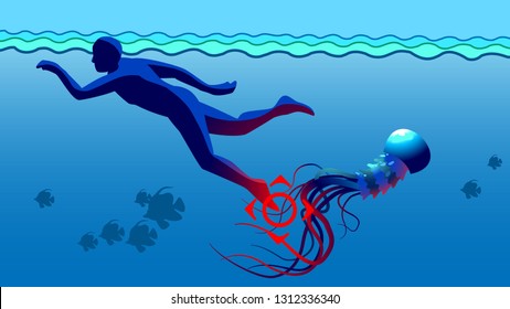 Bite of medusa during swiming, poison hazard in water. Pain sting of jellyfish on beach. Swimmer accepted wound