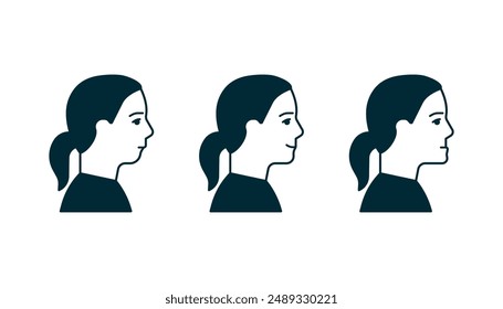 Mordedura de mandíbula normal y maloclusión, cara de mujer en conjunto de perfil. Problema dental. Mordedura incorrecta, mandíbula inferior extendida hacia adelante y retraída. Corrección de picadura. Ilustración vectorial