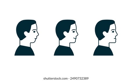 Mordedura de mandíbula normal y maloclusión, cara de hombre en conjunto de perfil. Problema dental. Mordedura incorrecta, mandíbula inferior extendida hacia adelante y retraída. Corrección de picadura. Ilustración vectorial