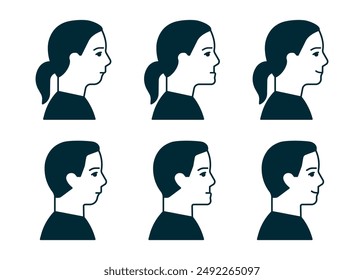 Mordedura de mandíbula normal y maloclusión, cara de hombre y mujer en conjunto de perfil. Problema dental. Mordedura incorrecta, mandíbula inferior extendida hacia adelante y retraída. Corrección de picadura. Ilustración vectorial