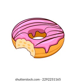 A Bite of Pink strawberry frosted donut with chocolate syrup on top with a white background.