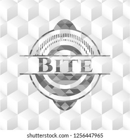 Bite retro style grey emblem with geometric cube white background
