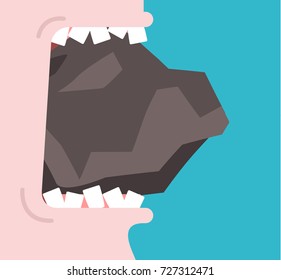 Bite stone. Gnaw granite. Broken teeth. Open mouth and stone. Vector illustration
