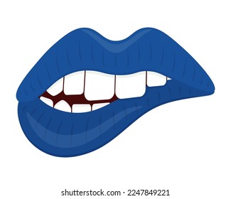 Bite your lip. Blue lipstick on lips. Her teeth bit her bottom lip. Seductive mouth. Color vector illustration. Flat style. Sensual bite. Isolated background. Idea for web design, invitations