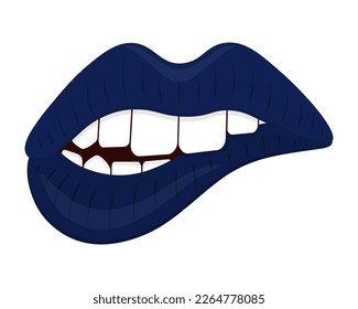 Bite your lip. Dark blue lipstick on lips. Her teeth bit her bottom lip. Seductive mouth. Color vector illustration. Flat style. Sensual bite. Isolated background. Idea for web design, invitations