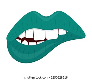 Bite your lip. Green lipstick on lips. Her teeth bit her bottom lip. Seductive mouth. Color vector illustration. Flat style. Sensual bite. Isolated background. Idea for web design, invitations