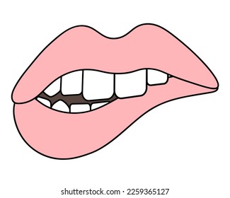 Bite your lip. Her teeth bit her bottom lip. Sensual bite. Color vector illustration. Cartoon style. Lipstick on lips. Seductive mouth. Isolated background. Idea for web design.