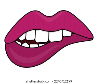 Biss deine Lippe! rosafarbener Lippenstift auf den Lippen. Verführerischer Mund. Farbvektorgrafik. Cartoon-Stil. Ihre Zähne bissen sich auf die Lippe. Sinnlicher Biss. Einziger Hintergrund.