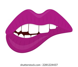 Muérdete el labio. Lápiz labial rosa en los labios. Sus dientes le mordieron el labio inferior. La boca seductora. Ilustración del vector de color. Estilo plano. Mordedura sensual. Fondo aislado. 