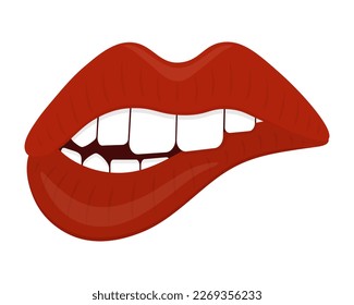 Muérdete el labio. Palo de labios rojo en los labios. Sus dientes le mordieron el labio inferior. La boca seductora. Ilustración del vector de color. Estilo plano. Mordedura sensual. Fondo aislado. 