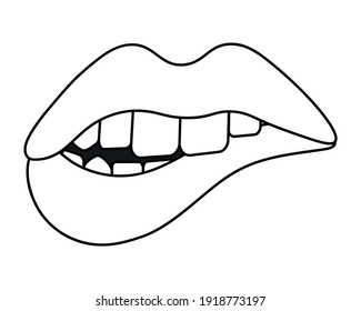Bite your lip. Sketch. Seductive mouth. Vector illustration. Coloring book for children. Valentines Day. Doodle style. My teeth bit into my lower lip. Sensual bite. Outline on an isolated background.