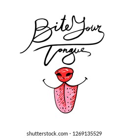 Bite your tongue. Dogs muzzle with tongue sticking out. Vector doodle illustration, t-shirt design.