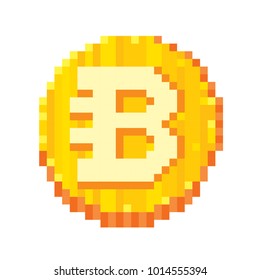 Bitecoin. Cryptocurrency. Pixel art. Old school computer graphic style. 8 bit video game. game element.
