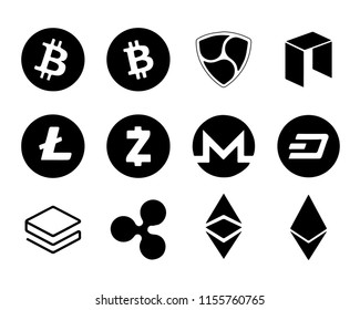 Bitecoin Litecoin Nem Dash Zcash Monero Nem Stratis Ripple Ethereum Neo vector isolated digital crypt. Set internet money in minimalism style. Use in web projects, mobile applications. Isolated vector