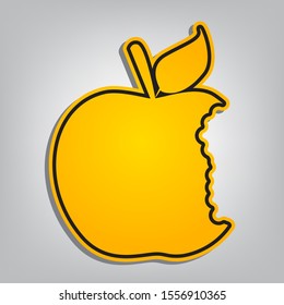 Bited apple sign. Flat orange icon with overlapping linear black icon with gray shadow at whitish background. Illustration.