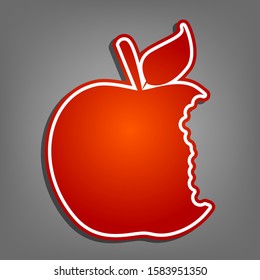 Bited apple sign. Flat red icon with linear white icon with gray shadow at grayish background. Illustration.