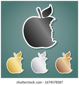 Bited apple sign. Set of metallic Icons with gray, gold, silver and bronze gradient with white contour and shadow at viridan background. Illustration.