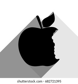 Bited apple sign. Vector. Black icon with two flat gray shadows on white background.