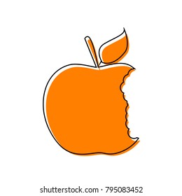 Bited apple sign. Vector. Black line icon with shifted flat orange filled icon on white background. Isolated.