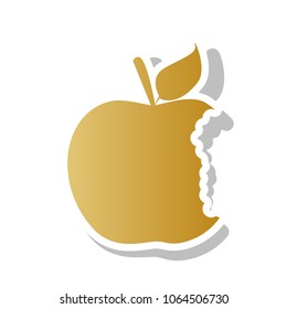 Bited apple sign. Vector. Golden gradient icon with white contour and rotated gray shadow at white background.