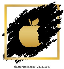 Bited apple sign. Vector. Golden icon at black spot inside golden frame on white background.