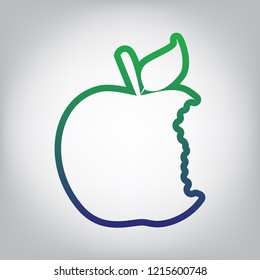 Bited apple sign. Vector. Green to blue gradient contour icon at grayish background with light in center.
