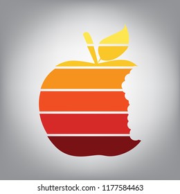 Bited apple sign. Vector. Horizontally sliced icon with colors from sunny gradient in gray background.